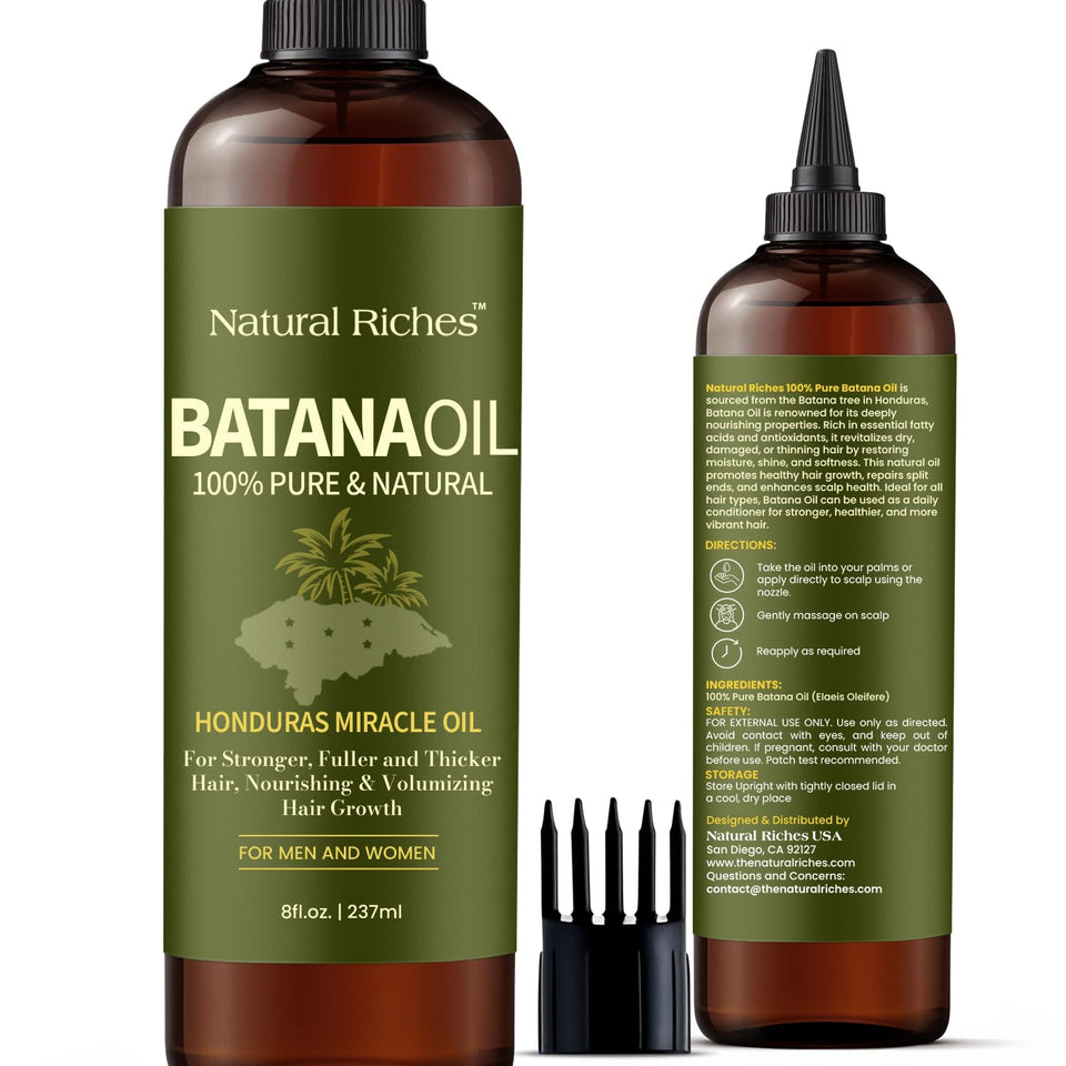 Natural Riches bottle front showing batana oil, clear labeling and pure ingredient benefit