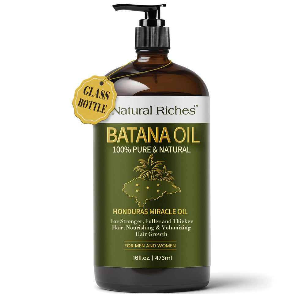 Natural Riches front packaging showing the 16 fl oz glass bottle and purity benefit