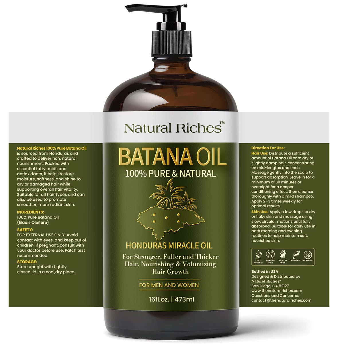 Natural Riches glass bottle and cap highlighting durable packaging and eco benefit
