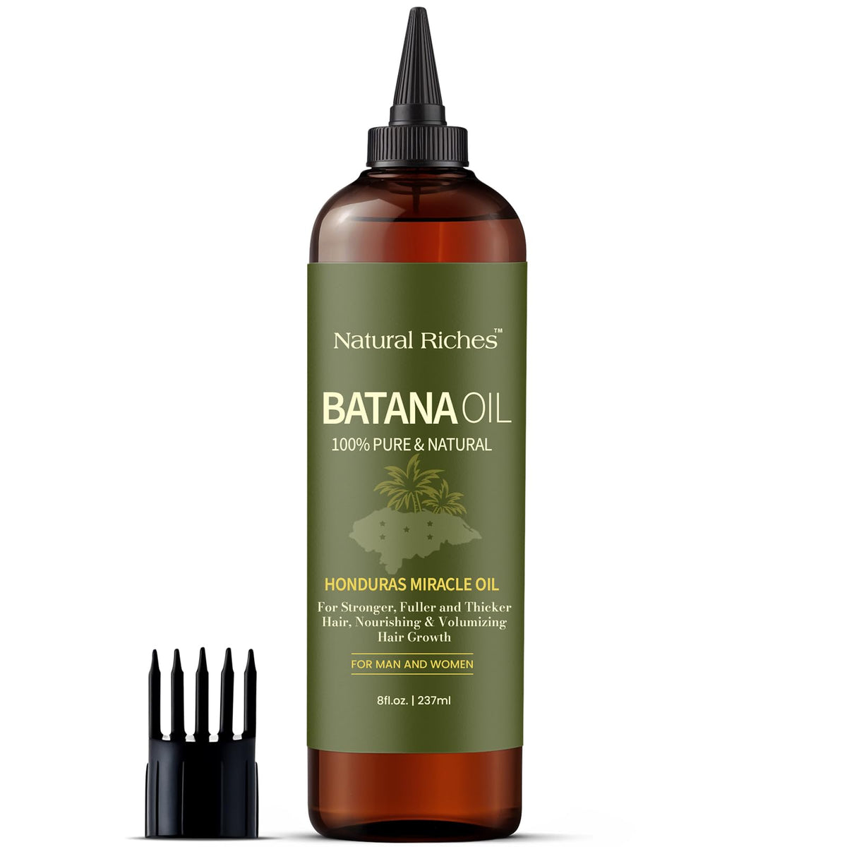 Natural Riches label close-up revealing cold-pressed, unrefined ingredient benefits