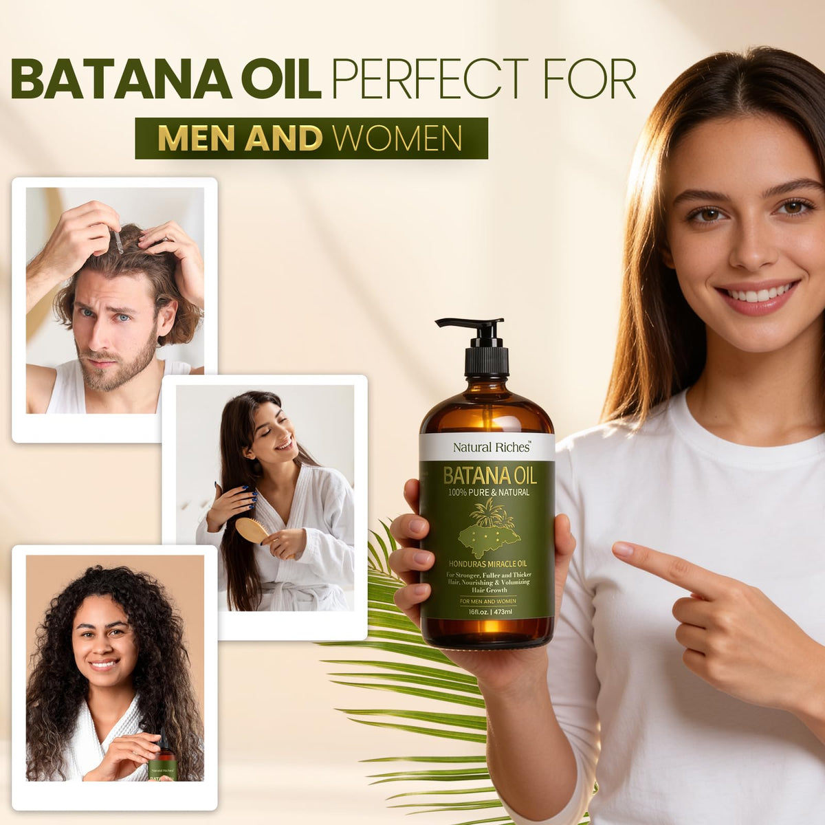 Natural Riches 16 fl oz compared to a hand showing size and value benefit