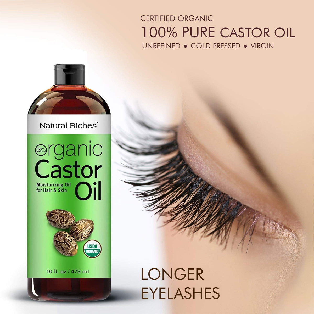 Natural Riches bottle beside castor seeds showing natural sourcing and purity benefit