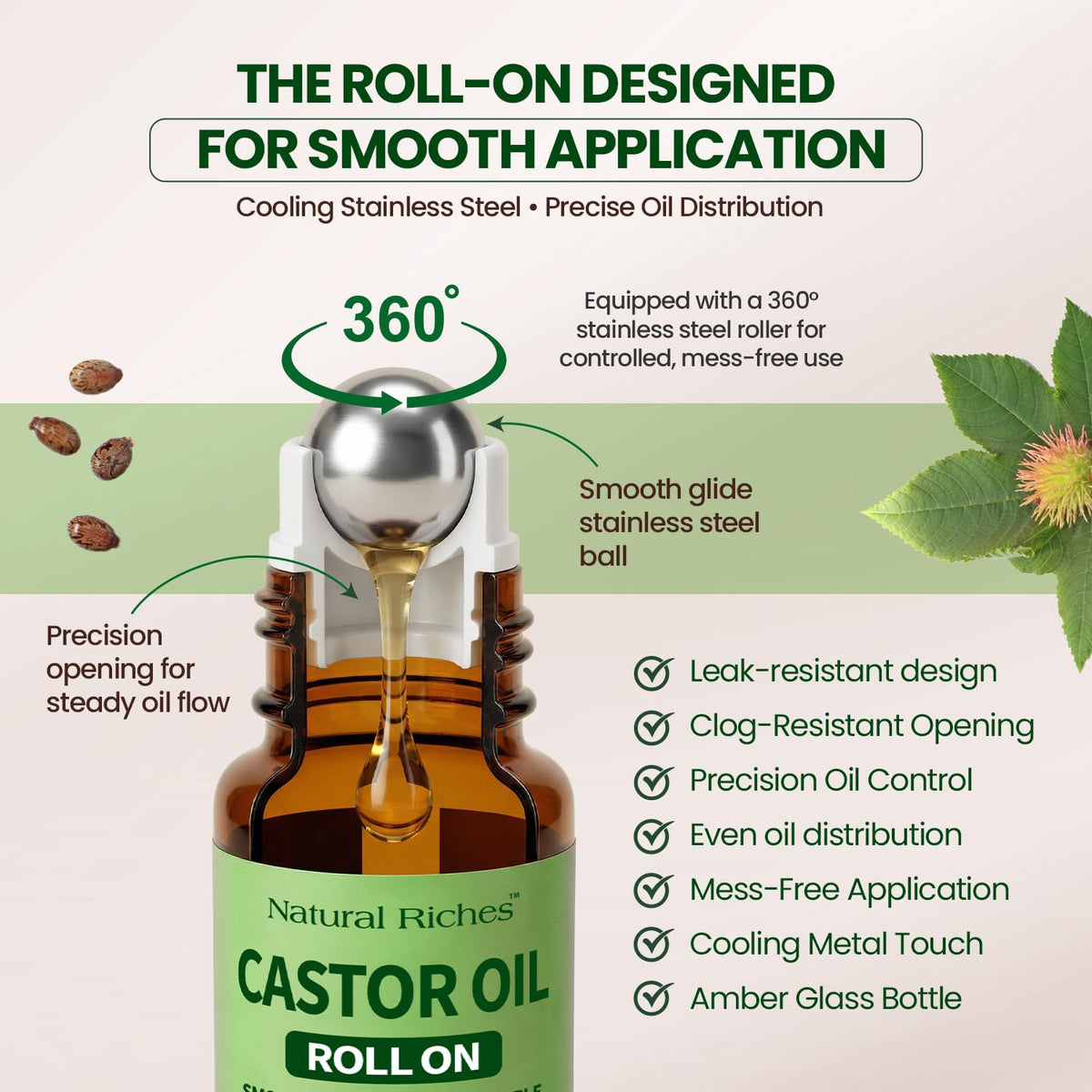 Natural Riches castor seeds and oil droplet close-up emphasizing organic cold-pressed purity