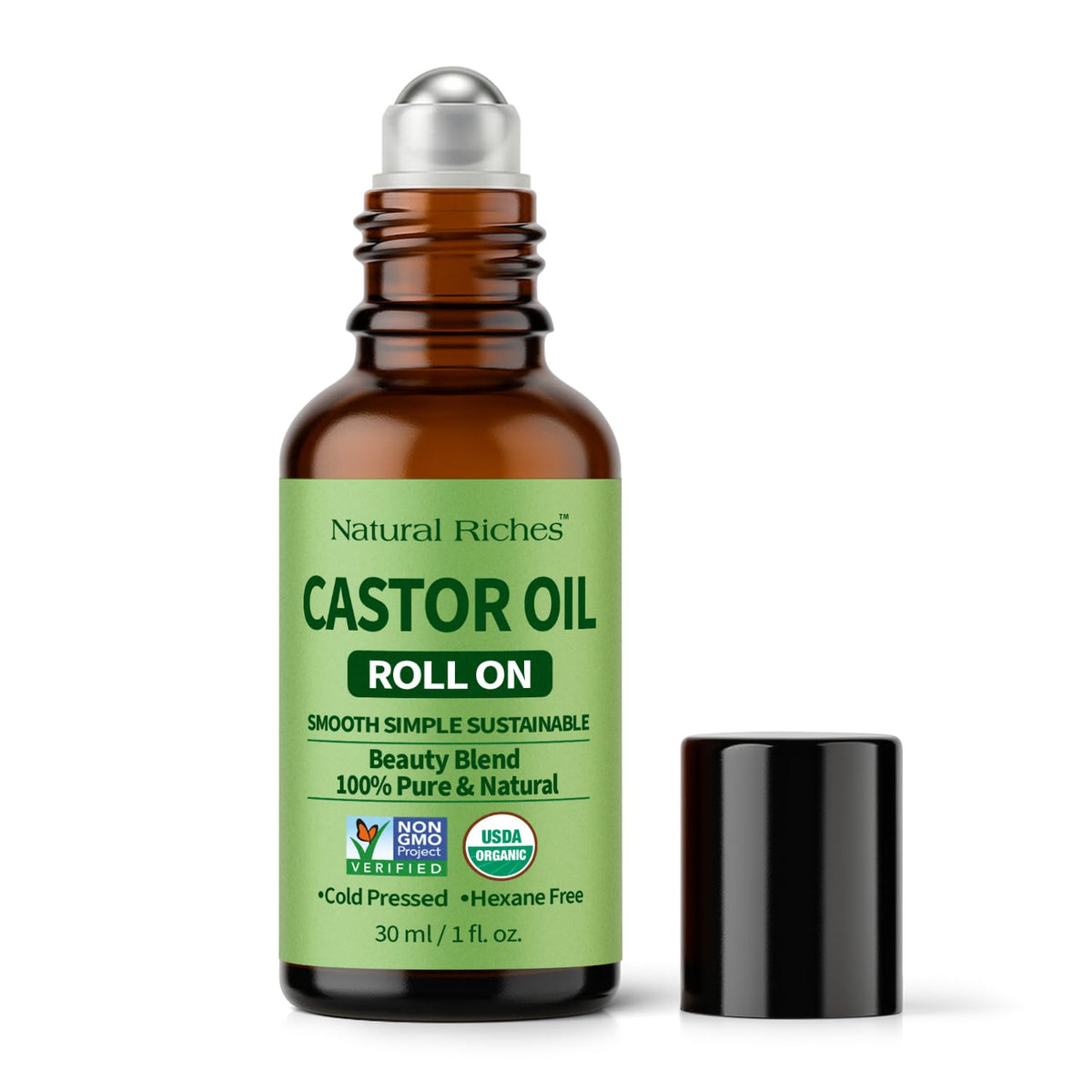Natural Riches castor oil roll-on front view showing bottle and label, convenient portability