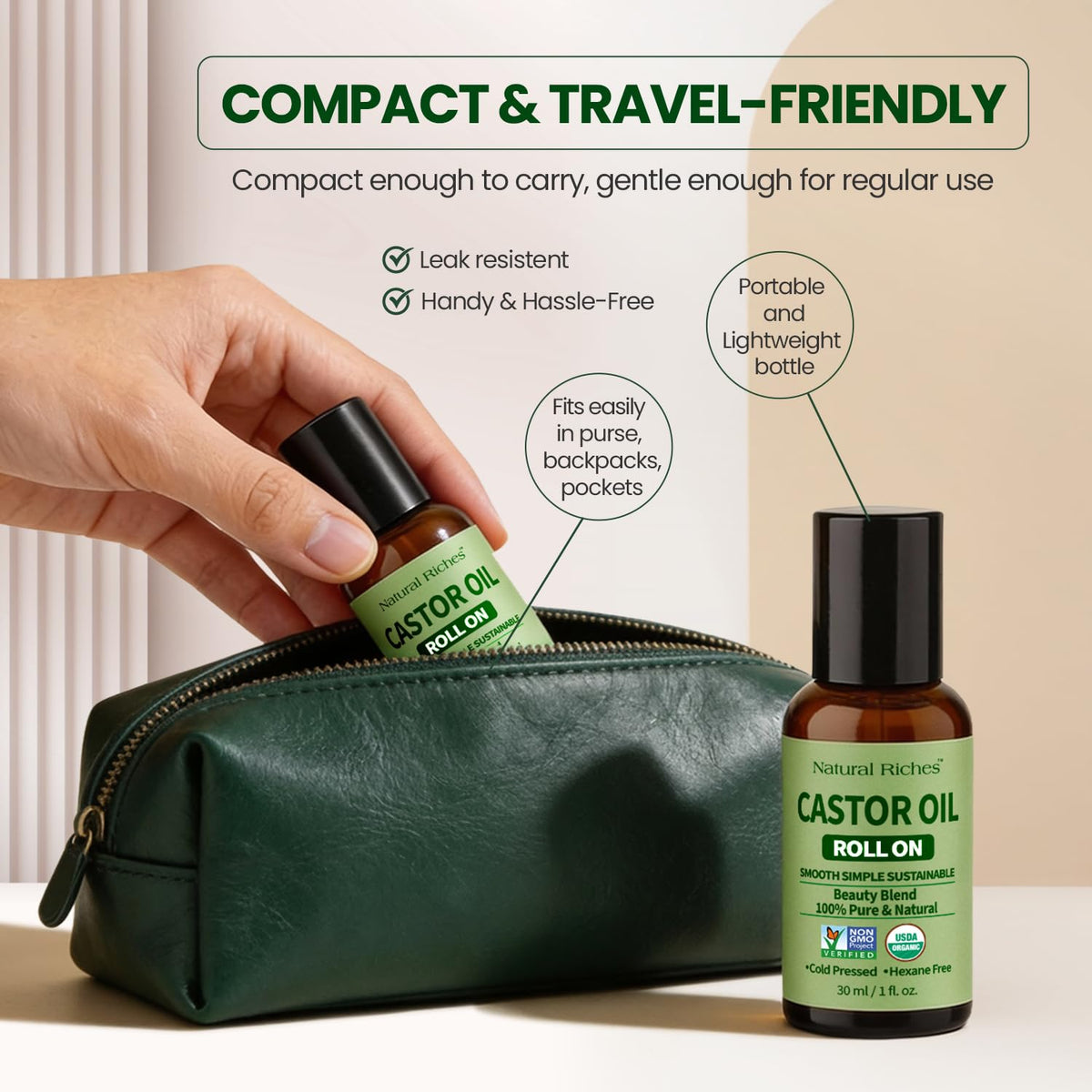 Natural Riches roll-on with warm compress setup for a castor oil wrap treatment at home