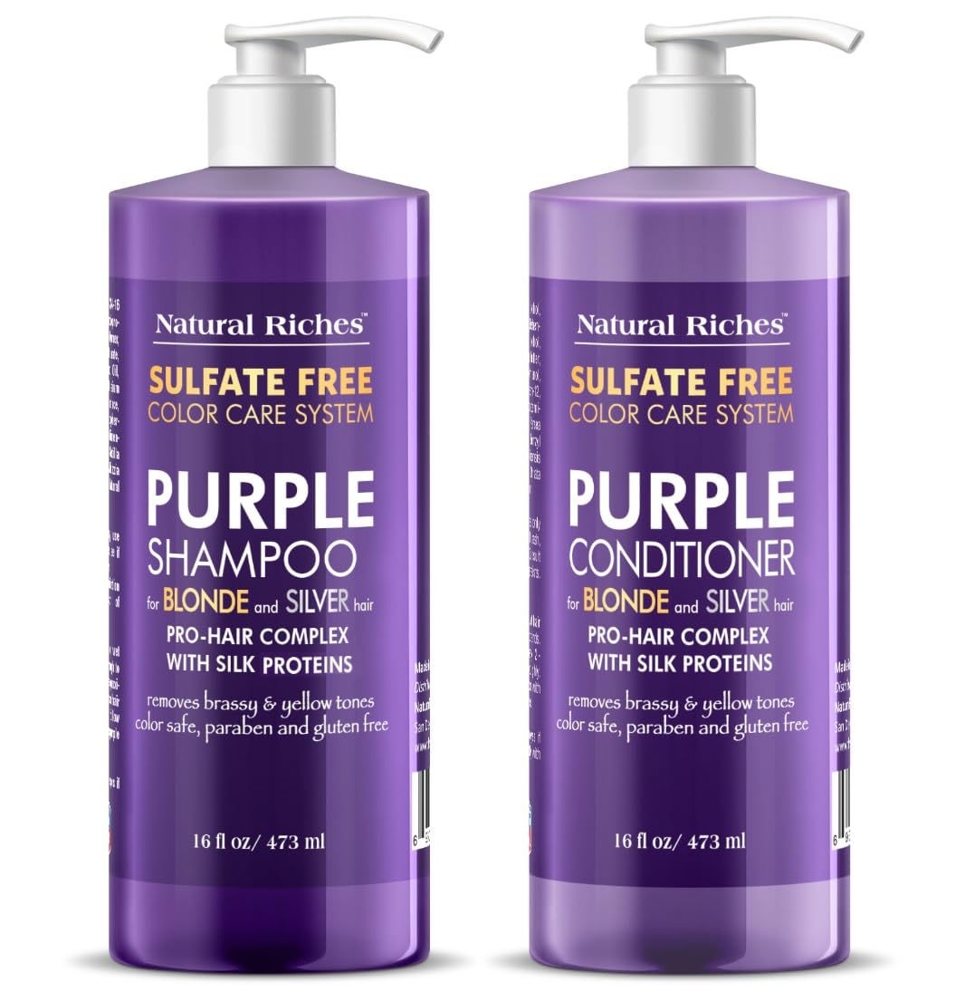 Natural Riches front packaging showing the purple shampoo and conditioner for frizz-free toning