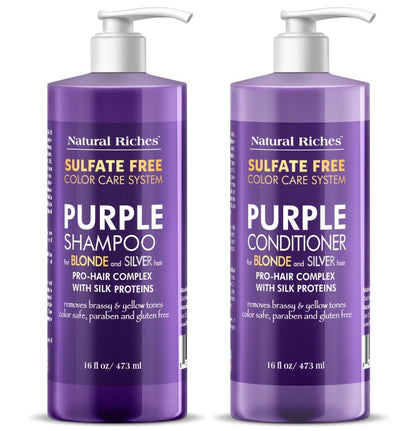 Natural Riches front packaging showing the purple shampoo and conditioner for frizz-free toning