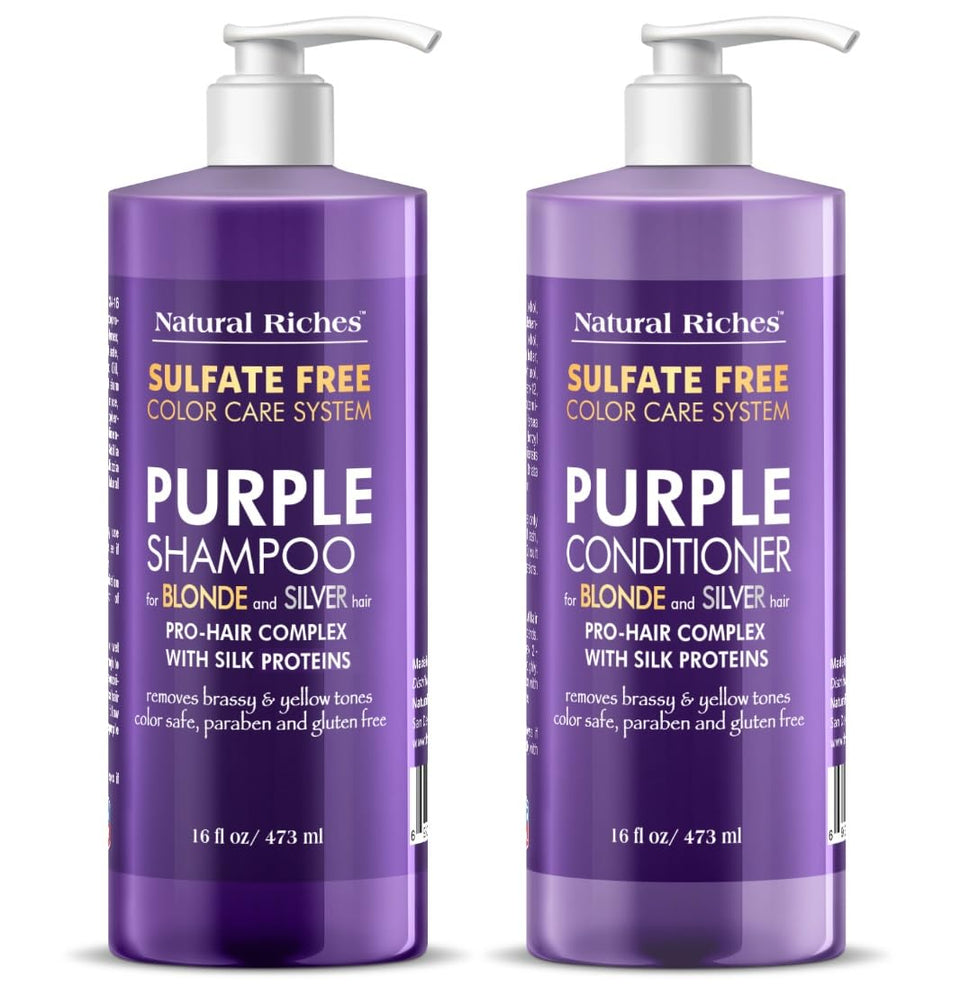 Natural Riches front packaging showing the purple shampoo and conditioner for frizz-free toning