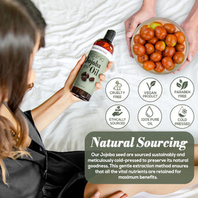 Natural Riches jojoba oil 16 oz bottle next to common items to show scale