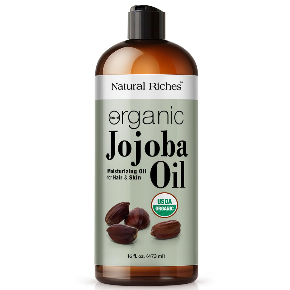Natural Riches jojoba oil front bottle showing clean packaging and value