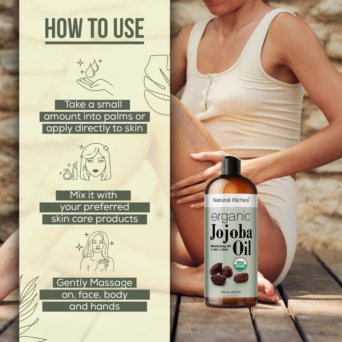 Natural Riches jojoba oil label close-up showing organic cold-pressed badge