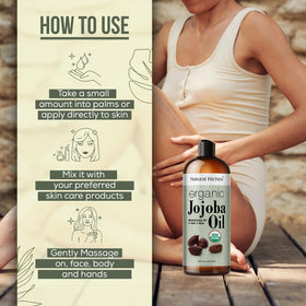 Natural Riches jojoba oil label close-up showing organic cold-pressed badge