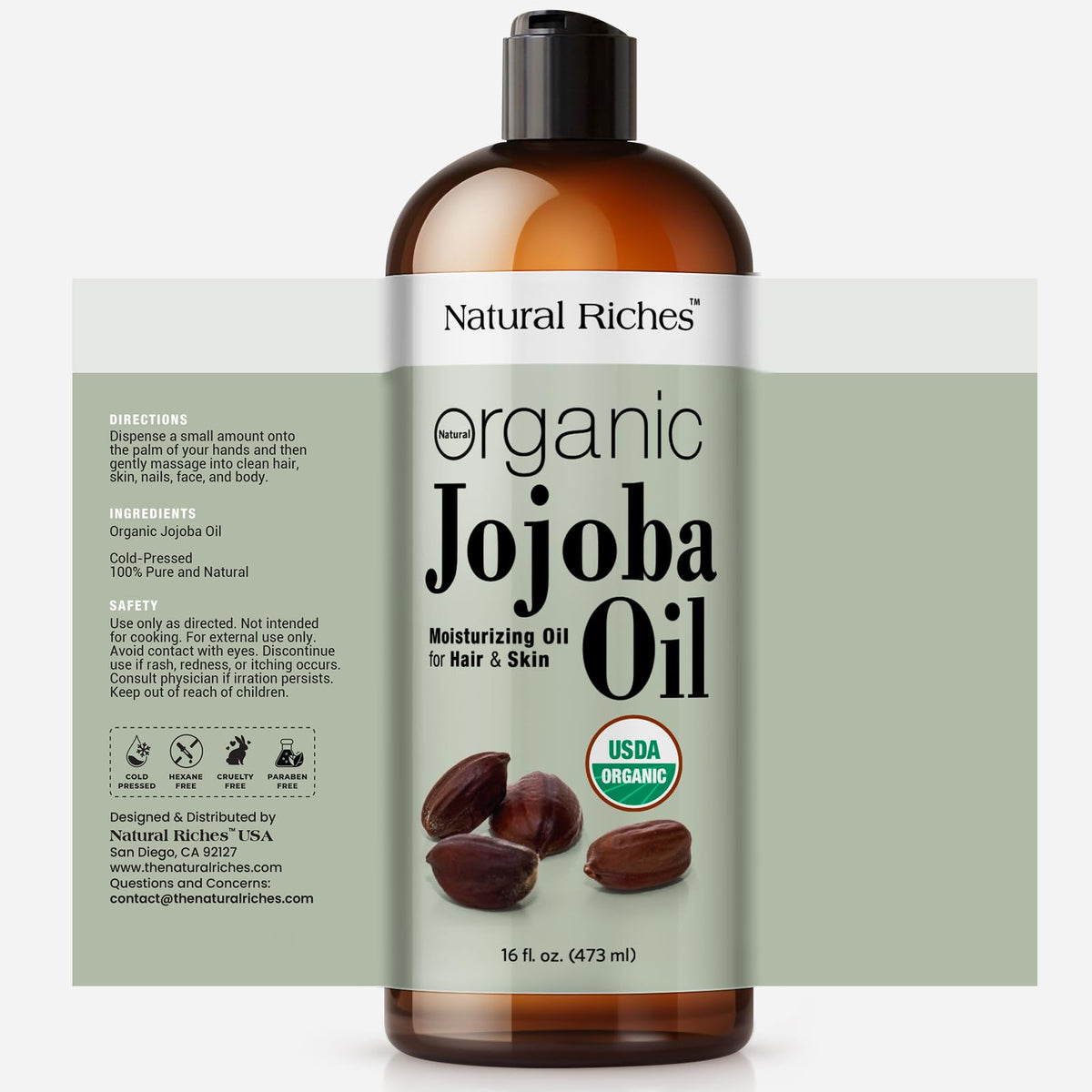 Natural Riches jojoba oil being poured showing pure cold-pressed flow