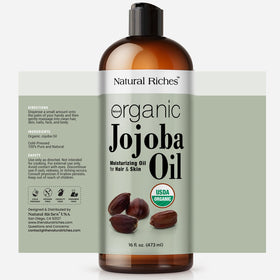 Natural Riches jojoba oil being poured showing pure cold-pressed flow