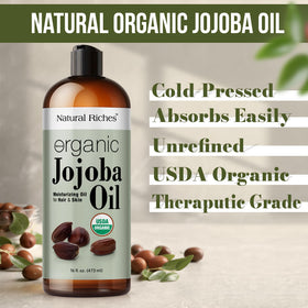 Natural Riches jojoba oil texture drops on palm highlighting lightweight absorption