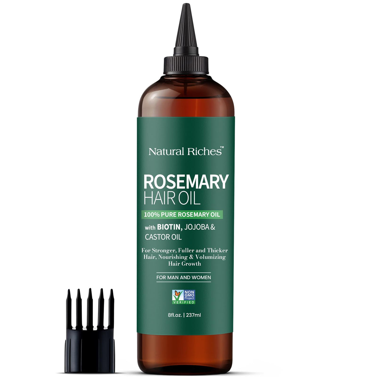 Natural Riches bottle in hand showing 8 fl oz scale and travel-friendly benefit