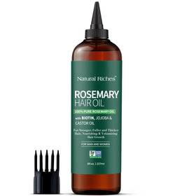 Natural Riches bottle in hand showing 8 fl oz scale and travel-friendly benefit