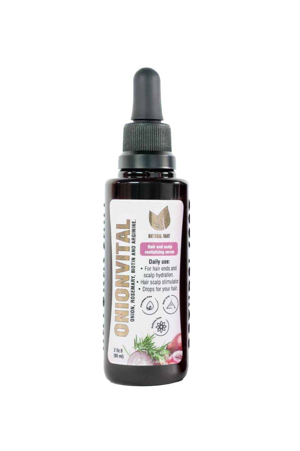 Natural Sant front bottle showing Onionvital serum and compact 60ml size benefit