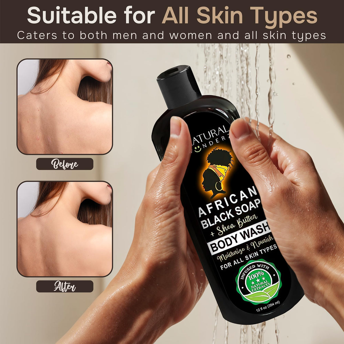 Natural Wunderz bottle held in hand to show 12 oz size and travel convenience