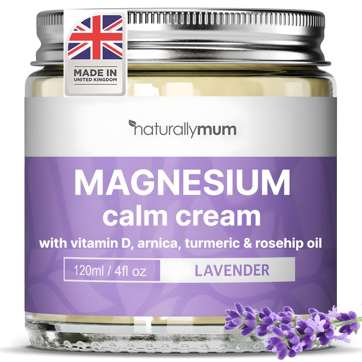 NaturallyMum front jar showing cream packaging and calming lavender scent benefits