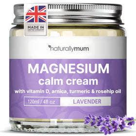 NaturallyMum front jar showing cream packaging and calming lavender scent benefits