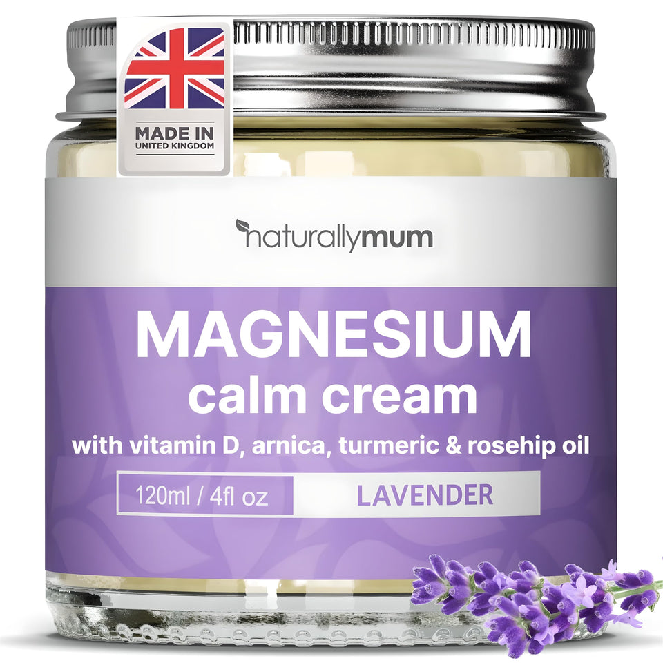 NaturallyMum front jar showing cream packaging and calming lavender scent benefits