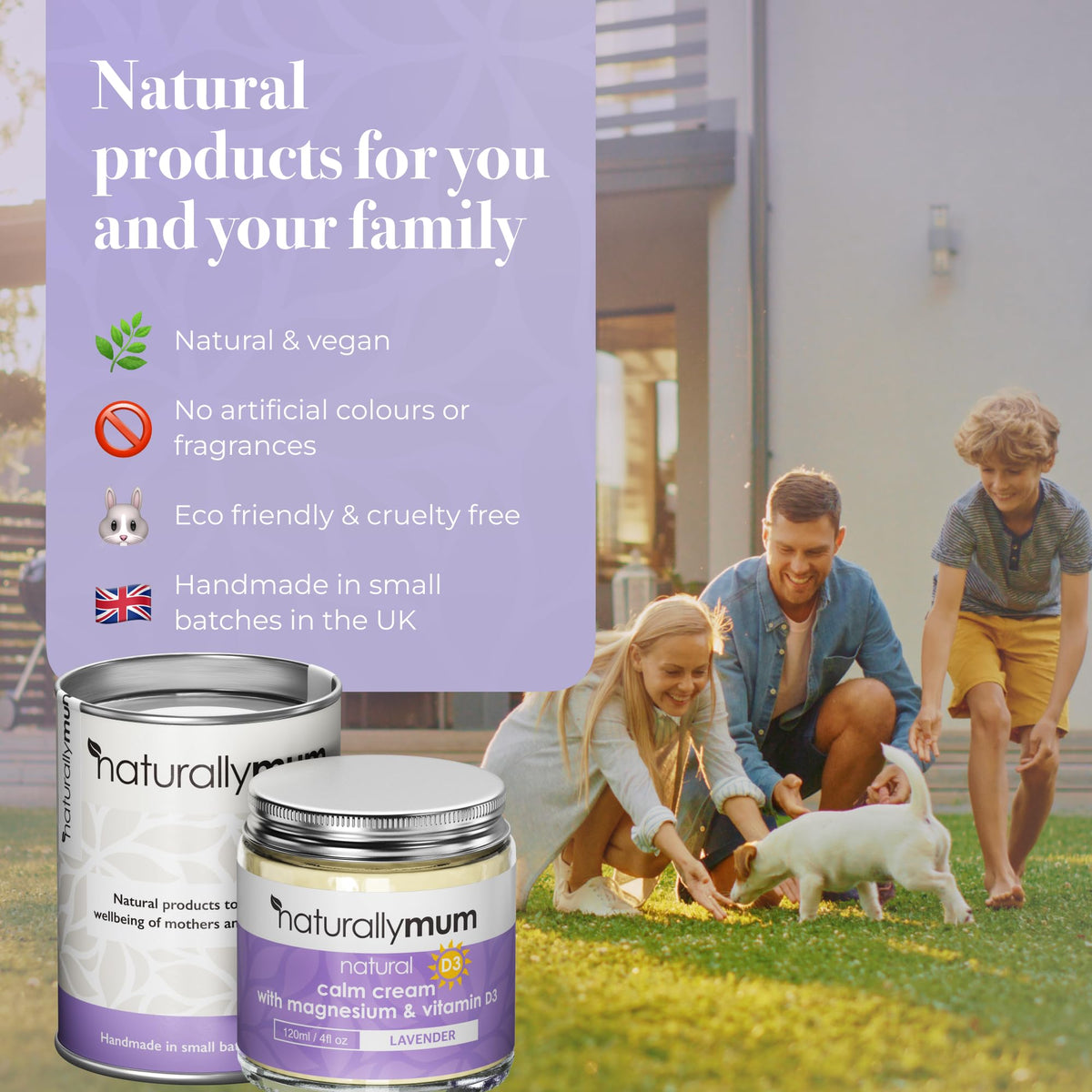 NaturallyMum label close-up showing ingredient list and small-batch UK craftsmanship