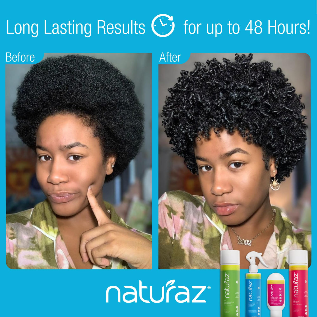 Naturaz before and after detangling comparison showing smoother, defined curls