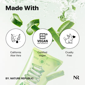 Nature Republic aloe gel being smoothed on hand to demonstrate soothing, non-sticky relief