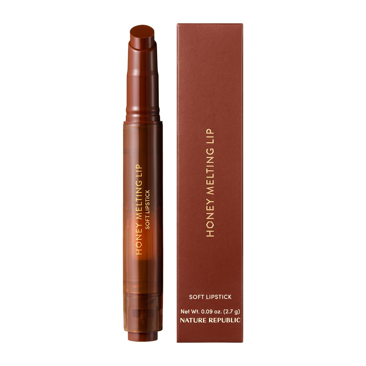 Nature Republic front packaging showing honey melting lip plumping and shade name benefit glossy color
