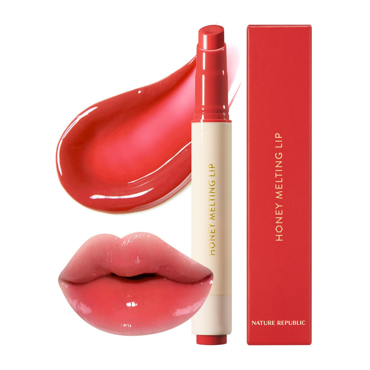 Nature Republic honey melting lip front view shows Pomegranate shade and glossy finish