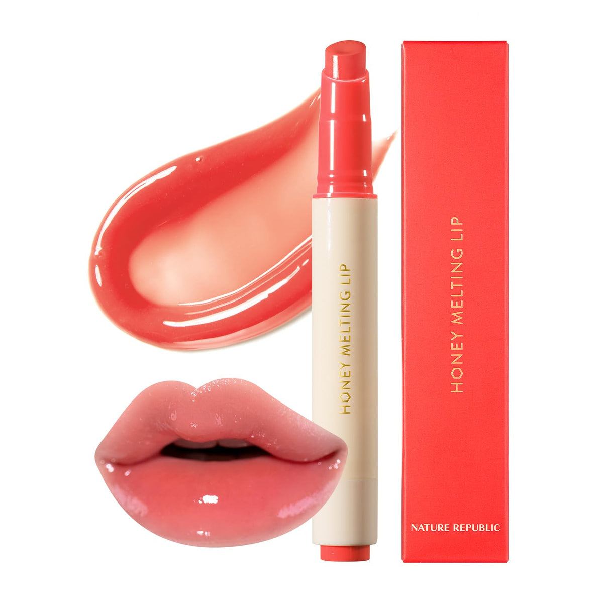 Nature Republic front packaging showing peach shade and glossy finish benefits