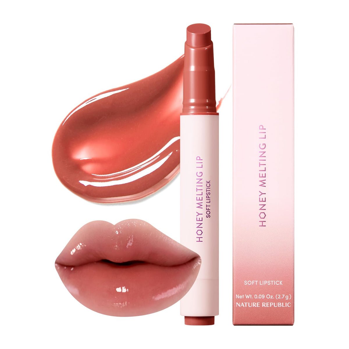 Nature Republic front packaging of Honey Melting Lip showing Rose Coral shade and convenience