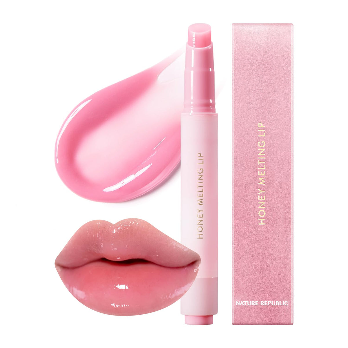 Nature Republic front packaging showing glossy pink stick and brand, clear product benefit