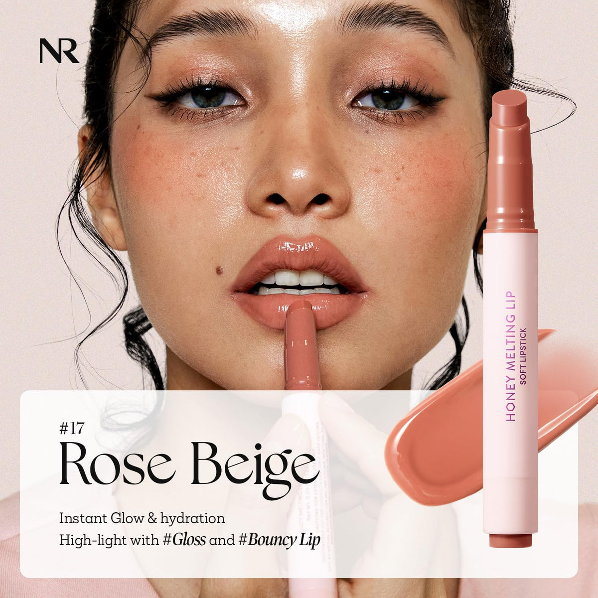 Nature Republic lip stick texture close-up highlighting glossy balm feel and hydration