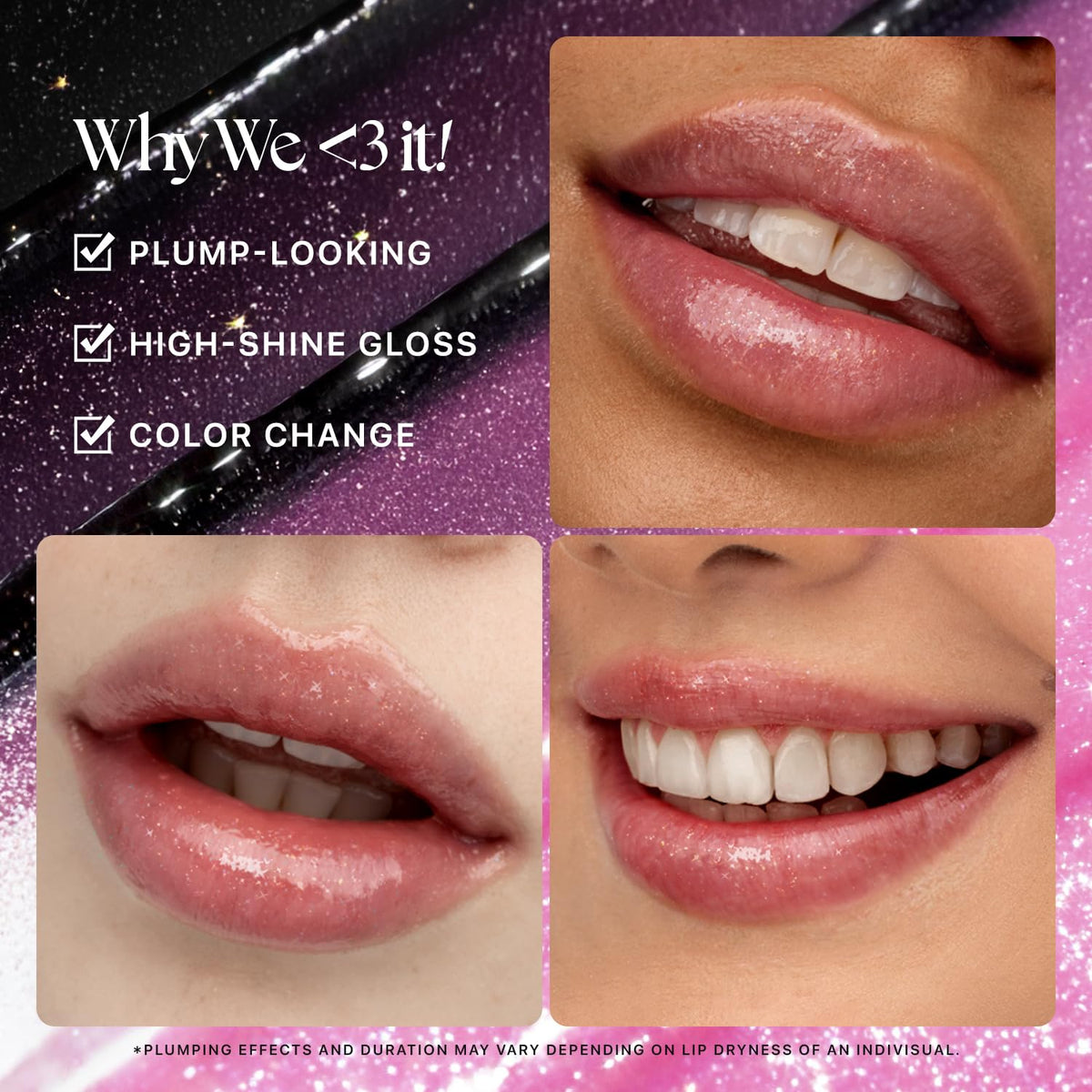 Nature Republic lip swatch on hand showing sheer midnight sparkle