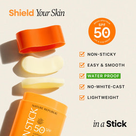 Nature Republic sun stick being applied to cheek for quick protection