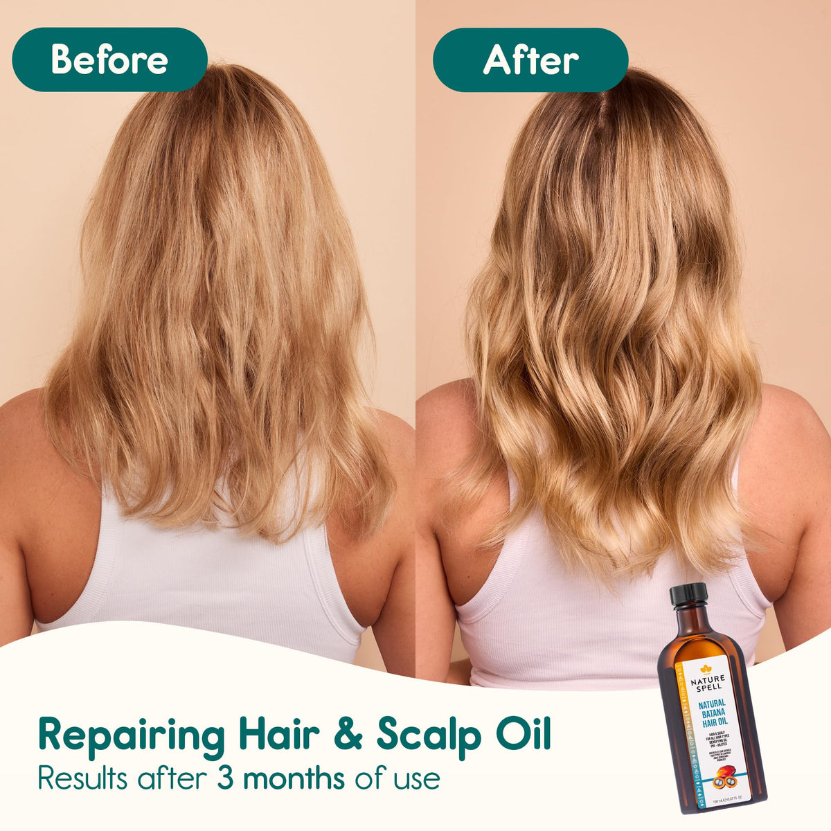 Nature Spell smoothing oil into split ends to reduce breakage effect