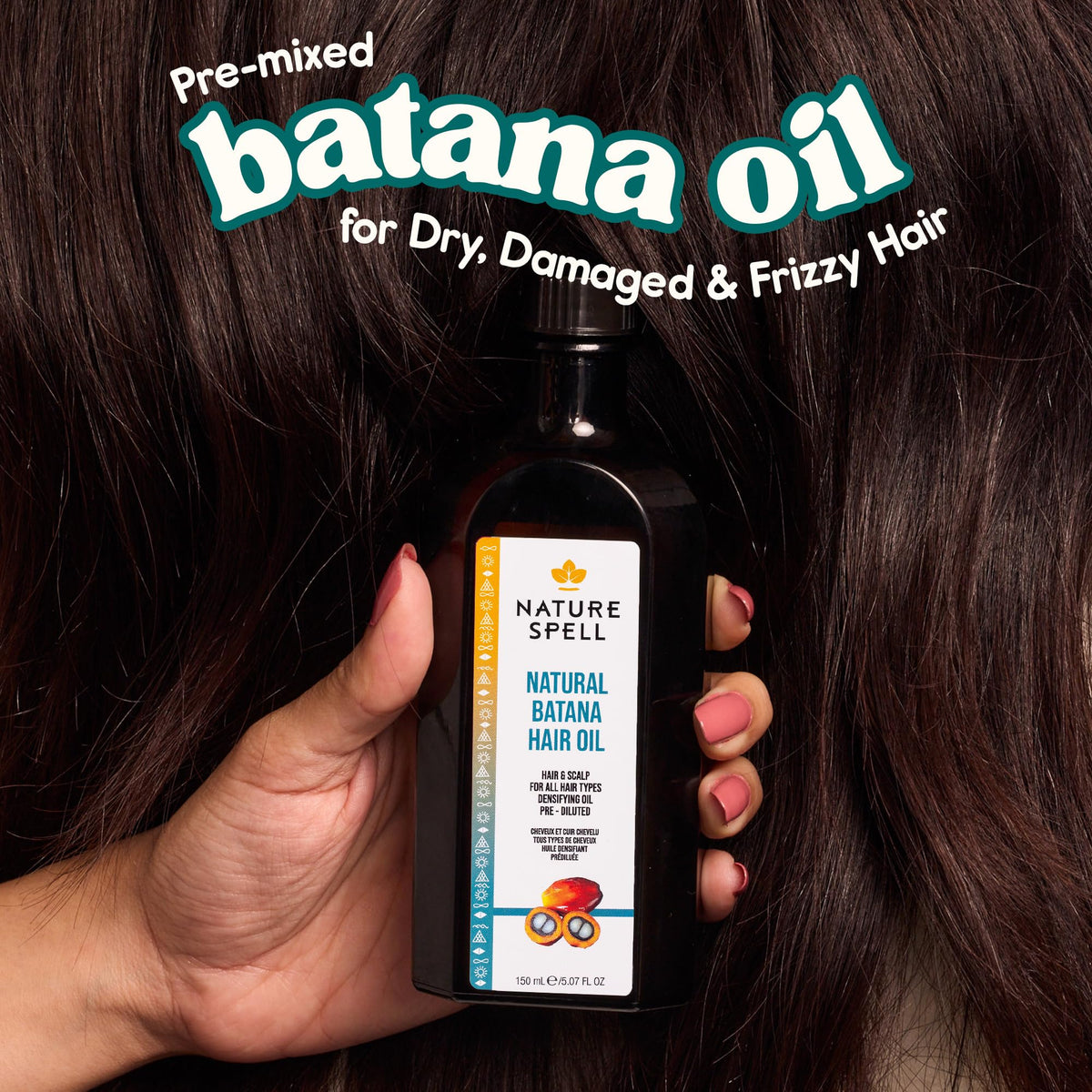 Nature Spell close-up of label text highlighting Batana oil benefits