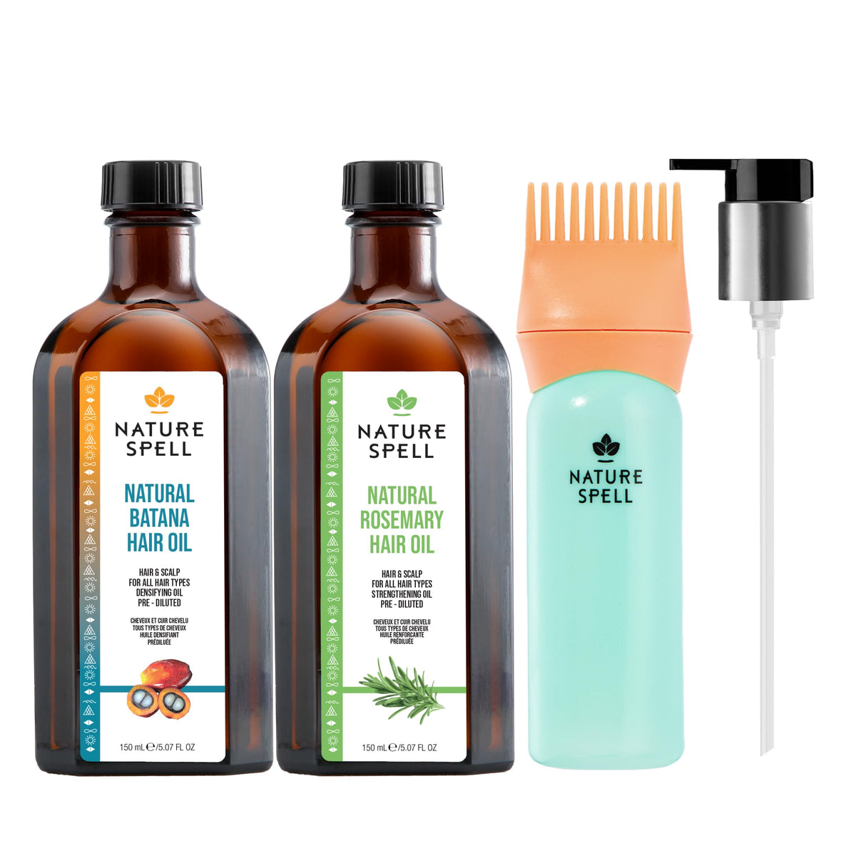 Nature Spell front packaging showing both rosemary and batana oils for routine clarity