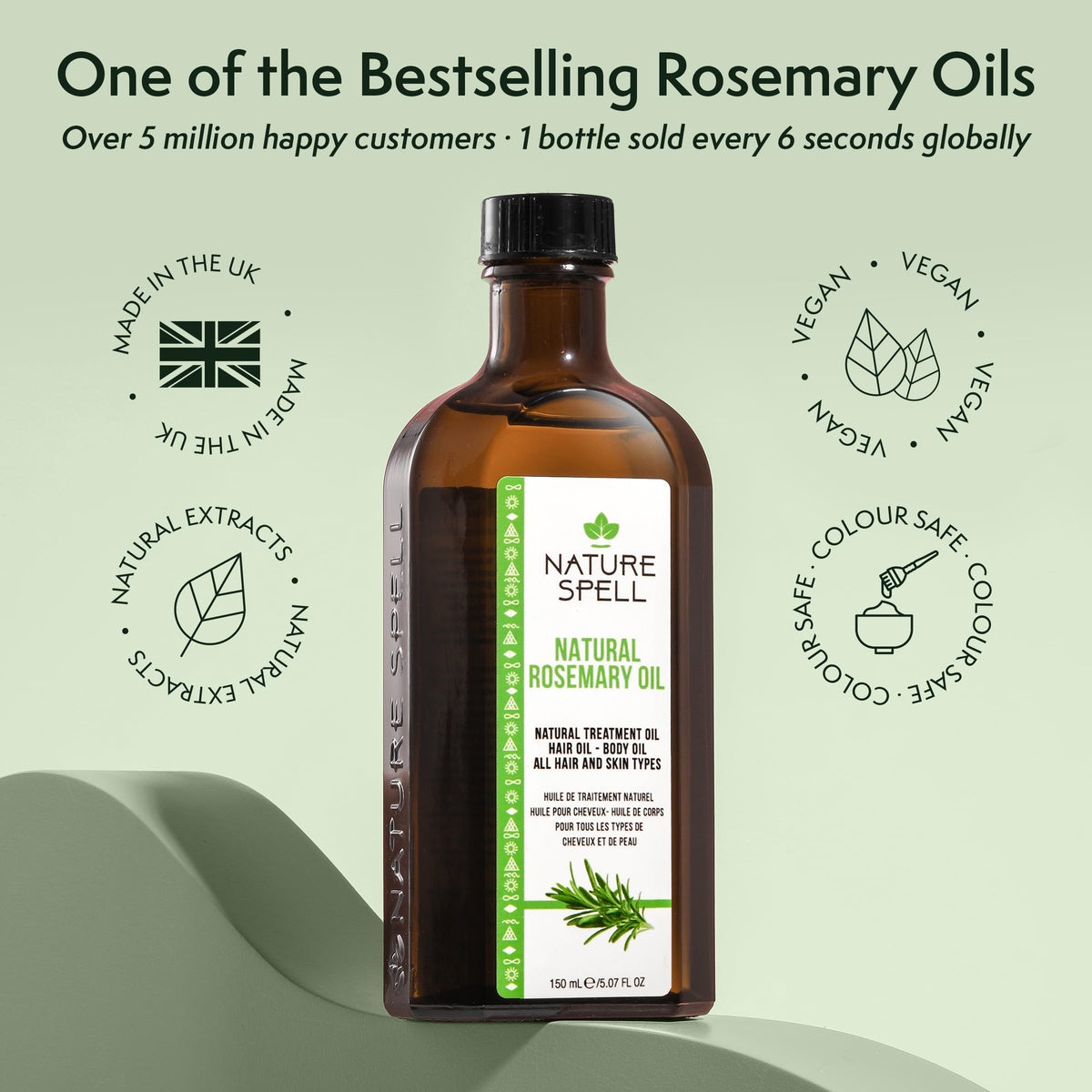 Nature Spell bottle beside rosemary sprigs and ingredient visuals to suggest natural formulation