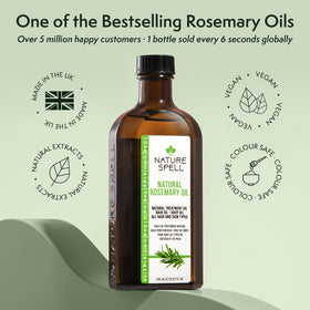 Nature Spell bottle beside rosemary sprigs and ingredient visuals to suggest natural formulation