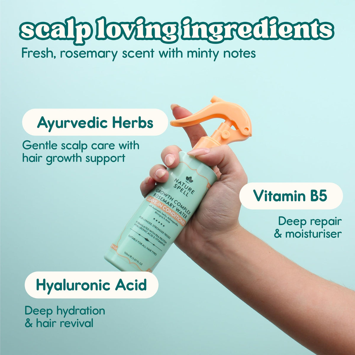 Nature Spell product close-up on a hair strand showing smoothing effect