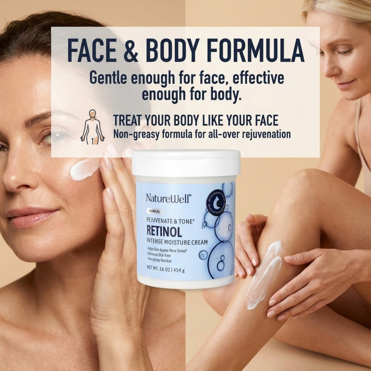 NATURE WELL applying to legs and arms to hydrate crepey, dry skin