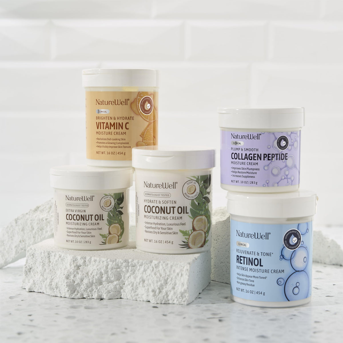 NATURE WELL jar on bathroom shelf lifestyle shot for daily skincare routine