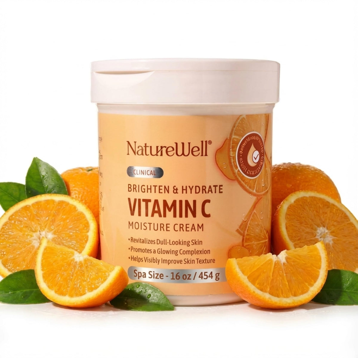 NATURE WELL front jar showing 16 oz brightening moisturizer and clear branding