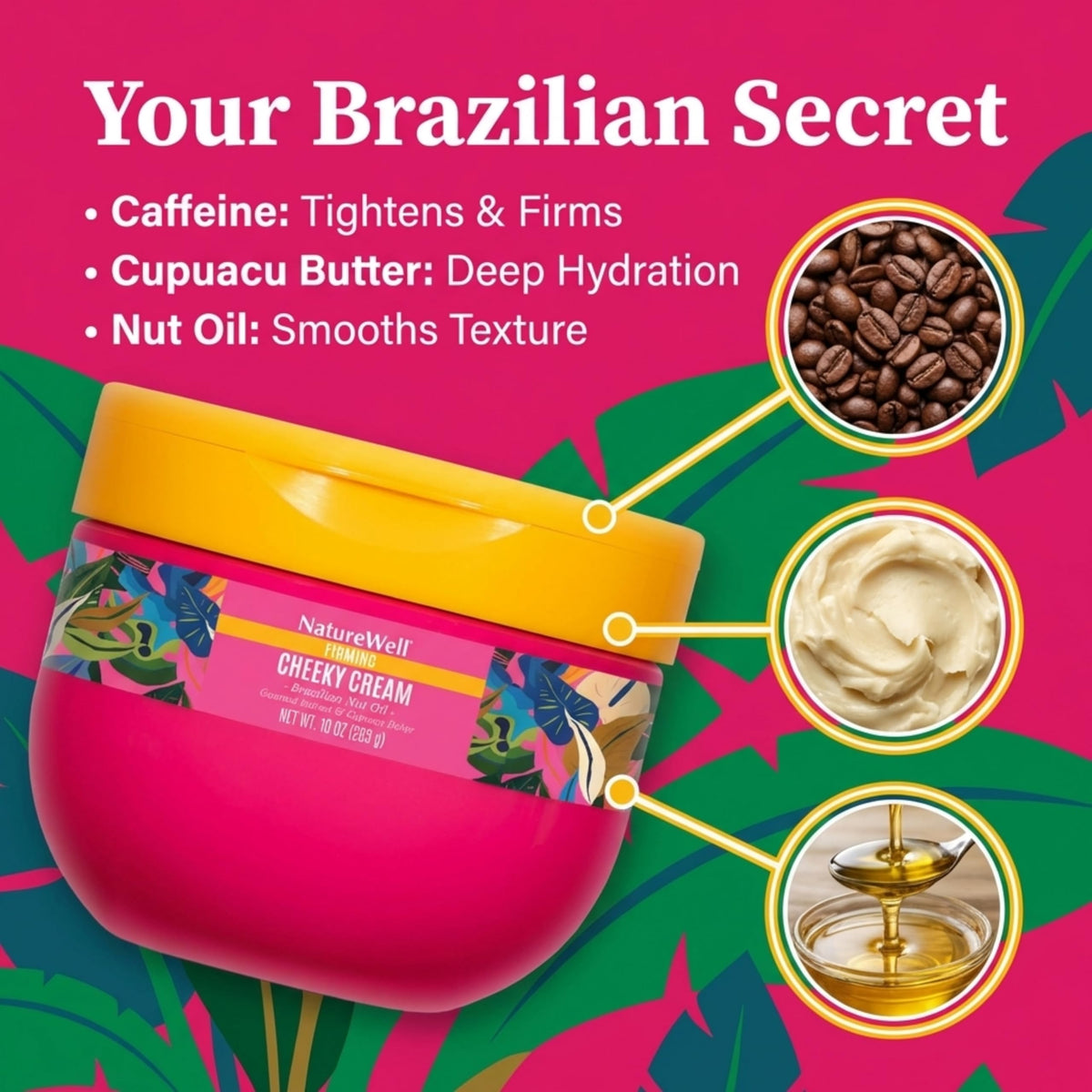 NATURE WELL ingredient flatlay with cupuaçu, brazil nut, acai, highlighting natural botanicals