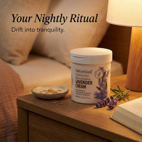 NATURE WELL jar on bathroom shelf promoting daily self-care routine