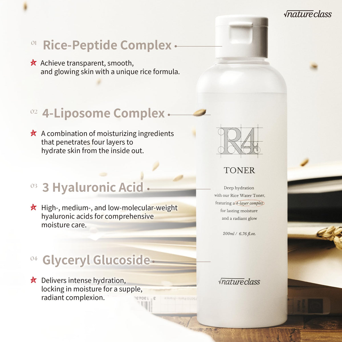 NatureClass R4 rice ferment ingredients display conveying radiance and clarity benefits