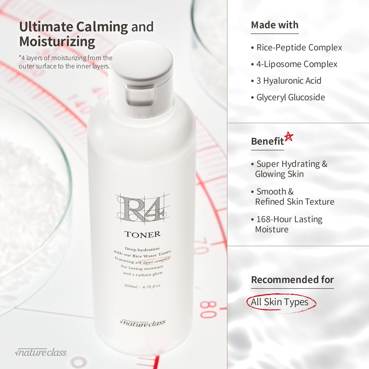 NatureClass R4 label close-up highlighting rice ferment and key ingredients benefit